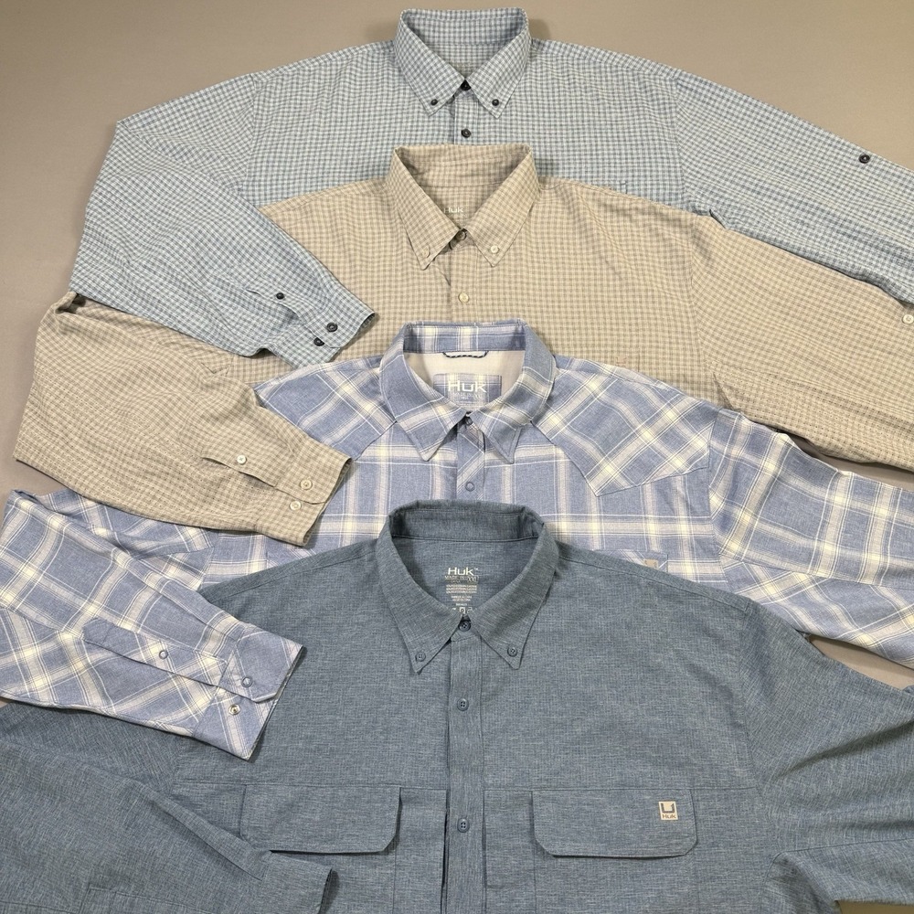 Lot Of 4 Huk Fishing Long Sleeve‎ Button Shirt Mens 2XLarge XXL Logo Vented EUC